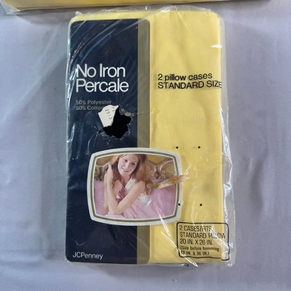 Vintage JCPenney Yellow Full Sheet Set Percale No Iron Pillowcases Fitted Flat